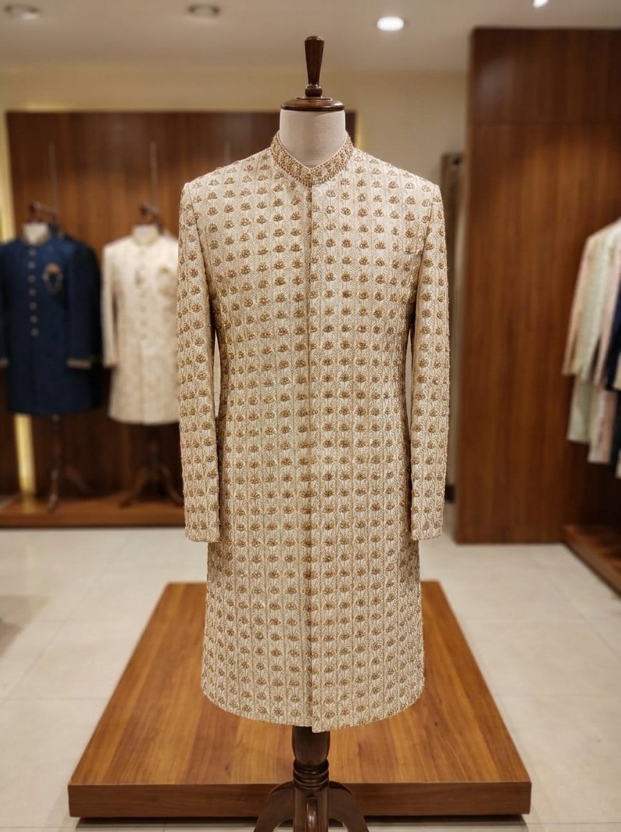 Light Skin Hand Made Embroidered Sherwani